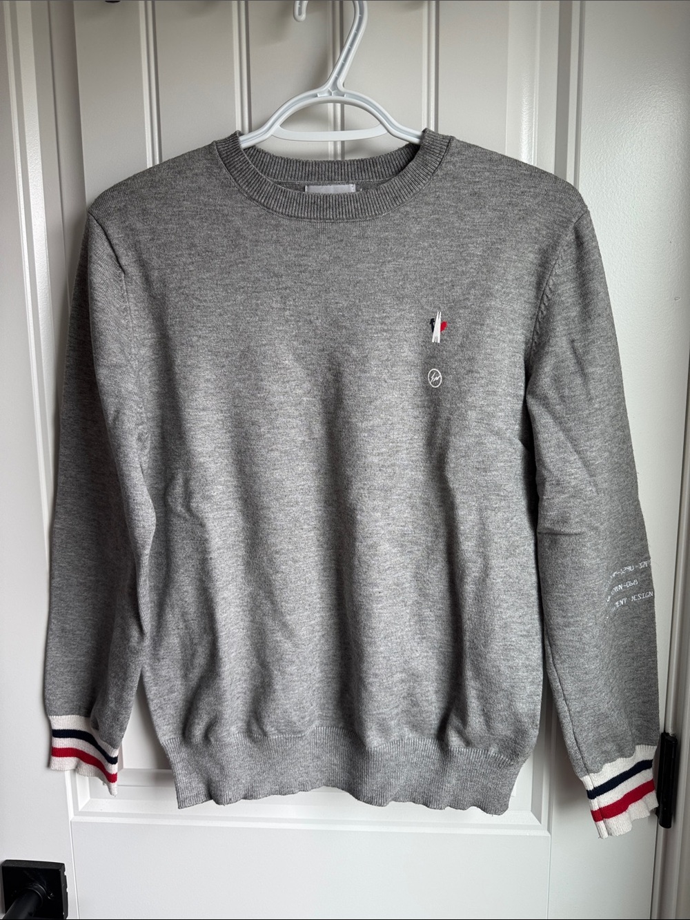 Moncler Grey Crewneck Sweater with Tricolor Cuff Accents